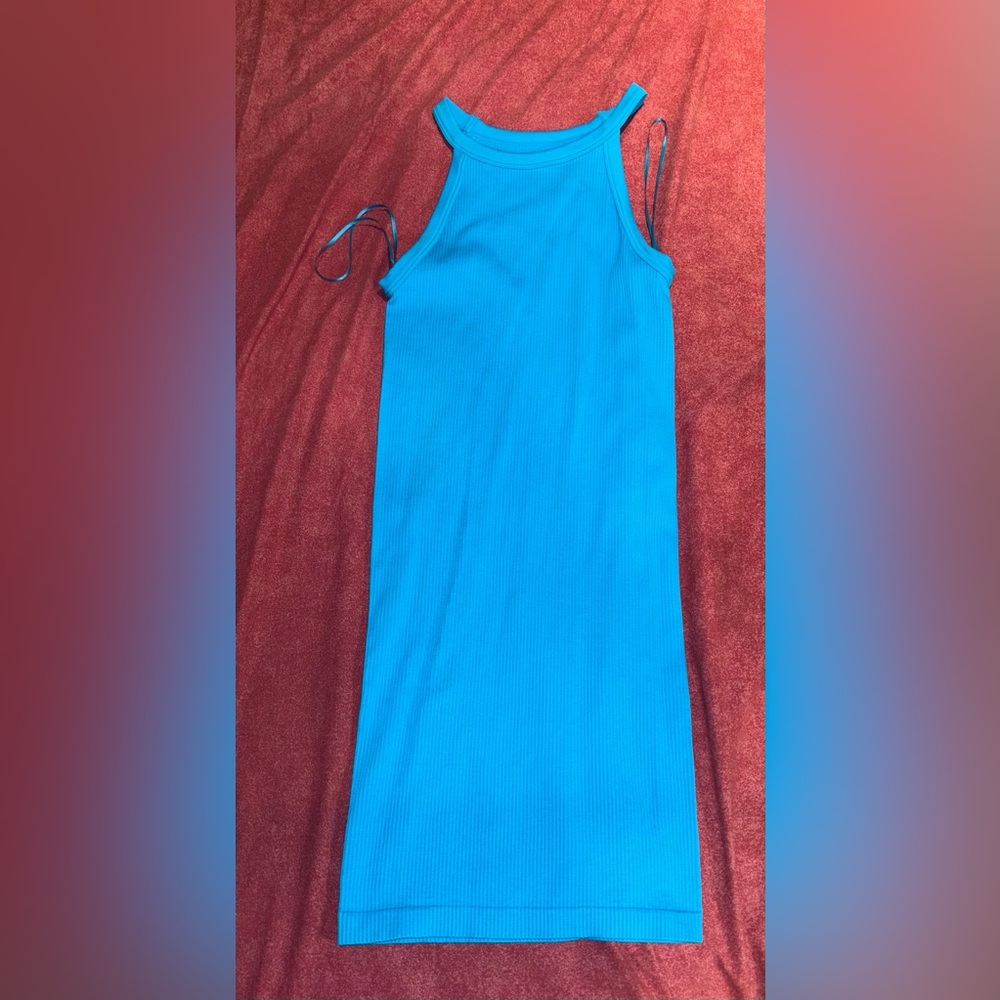 Blue body con stretchy dress, mid thigh, halter neck